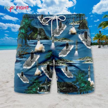 Submarine Swim Trunks, Missile Launch & Tropical Ocean Navy Theme
