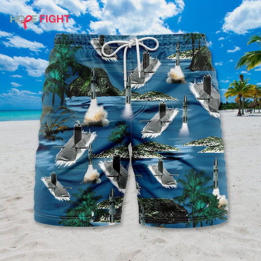 Submarine Swim Trunks, Missile Launch & Tropical Ocean Navy Theme
