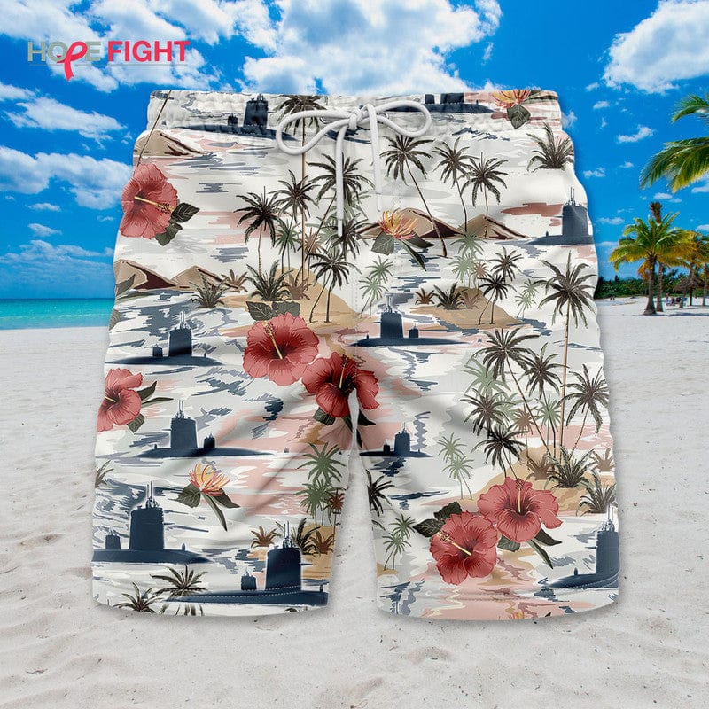 Submarine Swim Trunks, Vintage Navy & Tropical Hibiscus Design