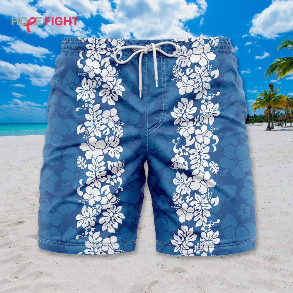 Hibiscus Swim Trunks, Blue & White Floral Design for Summer Beach Vibes