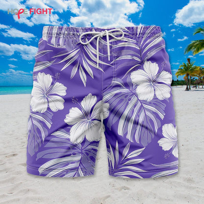 Hibiscus Swim Trunks, Purple & White Tropical Floral Design for Summer