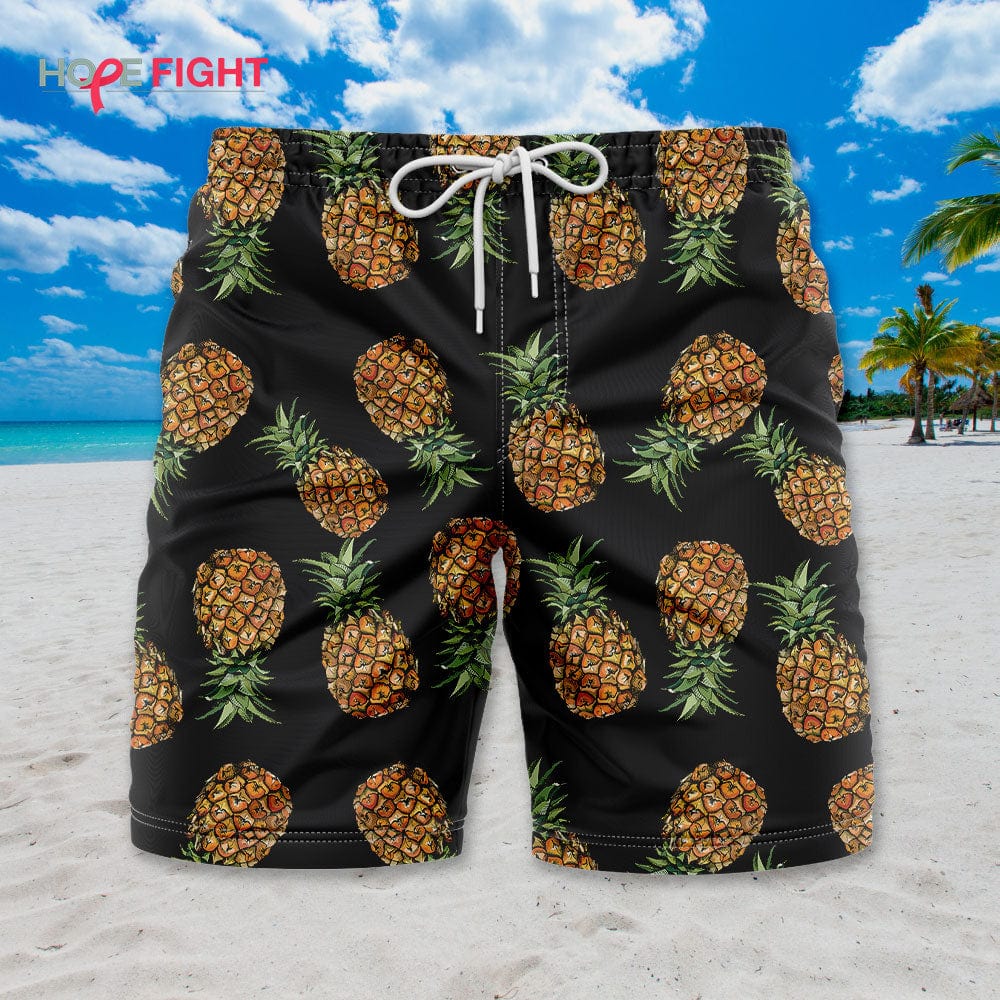 Pineapple Swim Trunks, Black Tropical Fruit Pattern for Summer Vibes