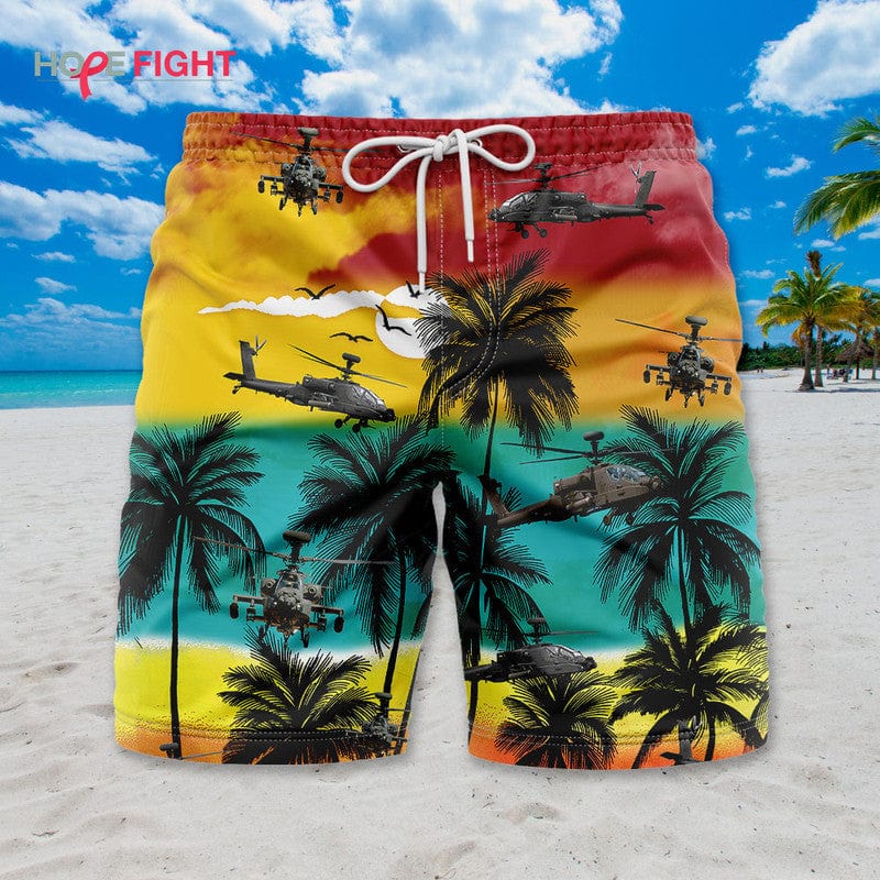 Military Helicopter Swim Trunks, Apache Sunset & Tropical Warfare Design