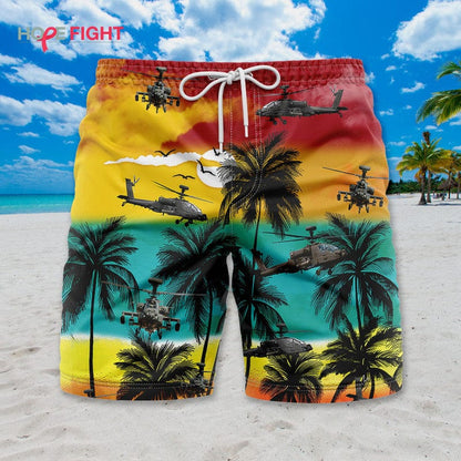 Military Helicopter Swim Trunks, Apache Sunset & Tropical Warfare Design