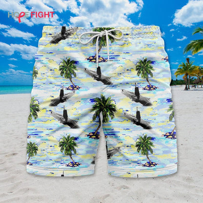 Submarine Swim Trunks, Deep Sea Navy & Tropical Palm Design