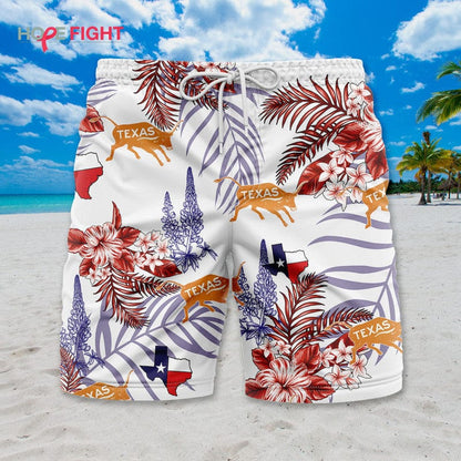 Texas Swim Trunks, Lone Star Flag & Tropical Floral Design