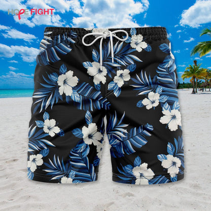 Hibiscus Swim Trunks, Black & Blue Floral Design for Tropical Beach Style