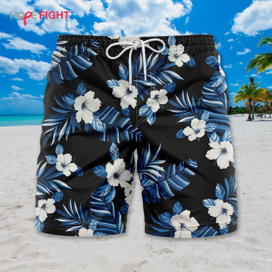 Hibiscus Swim Trunks, Black & Blue Floral Design for Tropical Beach Style