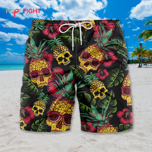 Pineapple Skull Swim Trunks, Tropical Gothic Beachwear for Men