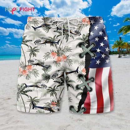 Military Helicopter Swim Trunks, American Flag & Tropical Aviation Design