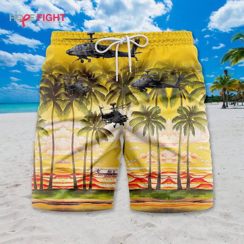 Military Helicopter Swim Trunks, Apache Attack & Golden Sunset Design
