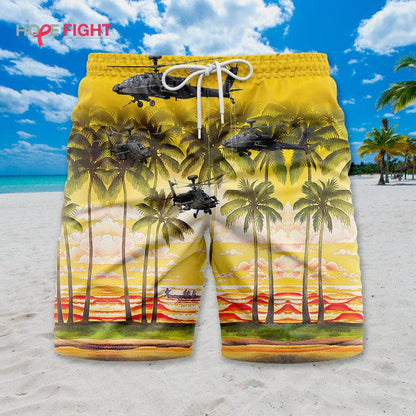 Military Helicopter Swim Trunks, Apache Attack & Golden Sunset Design