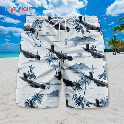 Submarine Swim Trunks, Monochrome Navy & Tropical Island Design