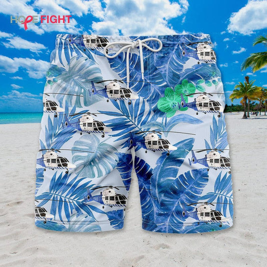 Rescue Helicopter Swim Trunks, Tropical Palm & Blue Foliage Design