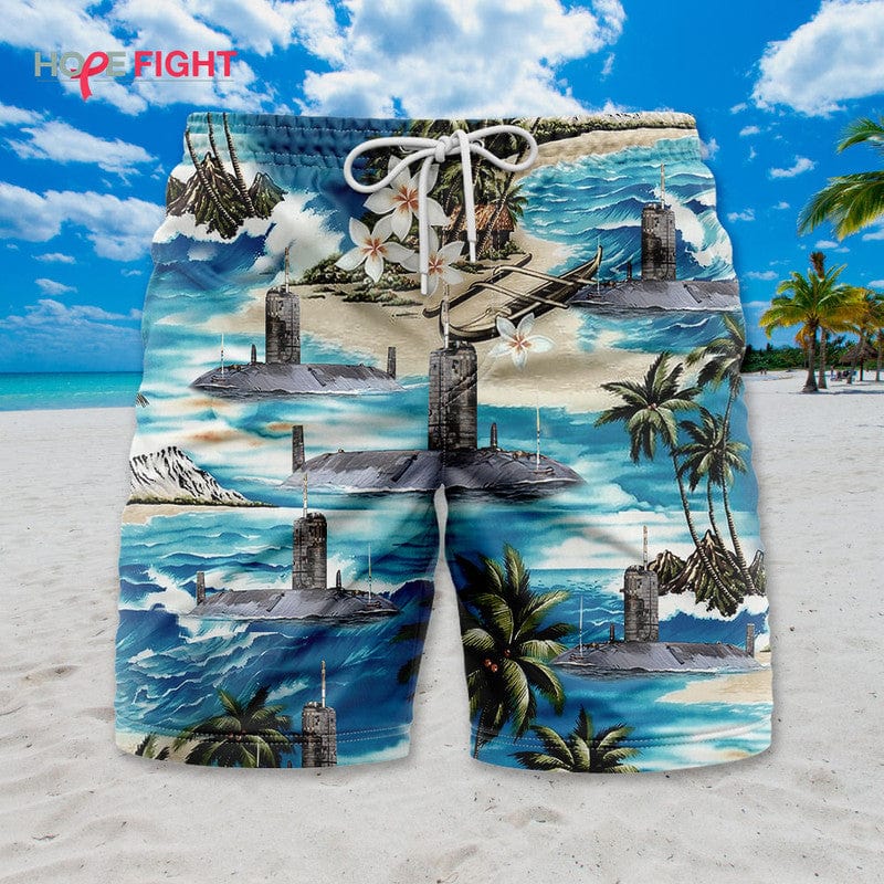 Submarine Swim Trunks, Deep Sea Navy & Tropical Beach Design