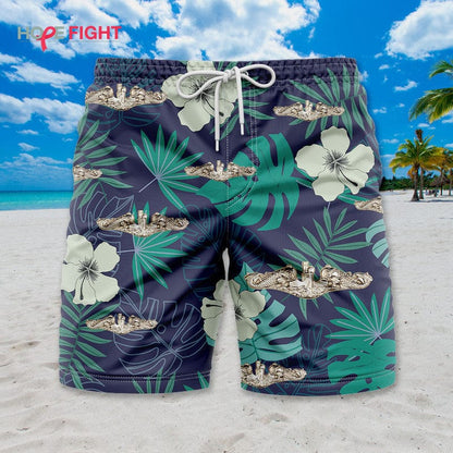 Submarine Swim Trunks, Floral Tropical Navy Warship Design