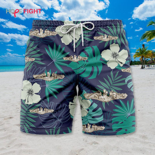 Submarine Swim Trunks, Floral Tropical Navy Warship Design