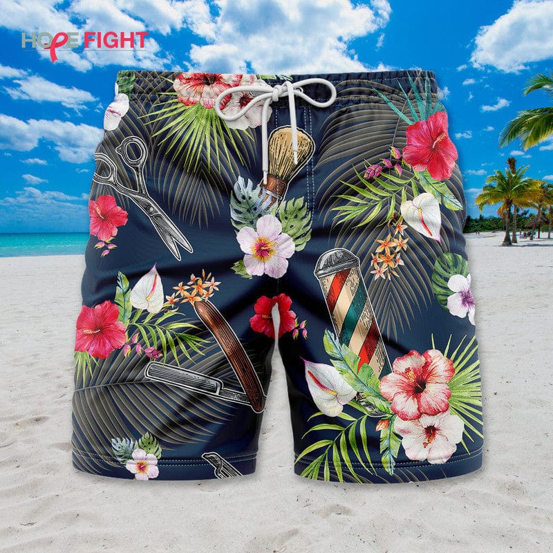 Tropical Barber Swim Trunks, Vintage Scissors & Razor Print, Floral Design