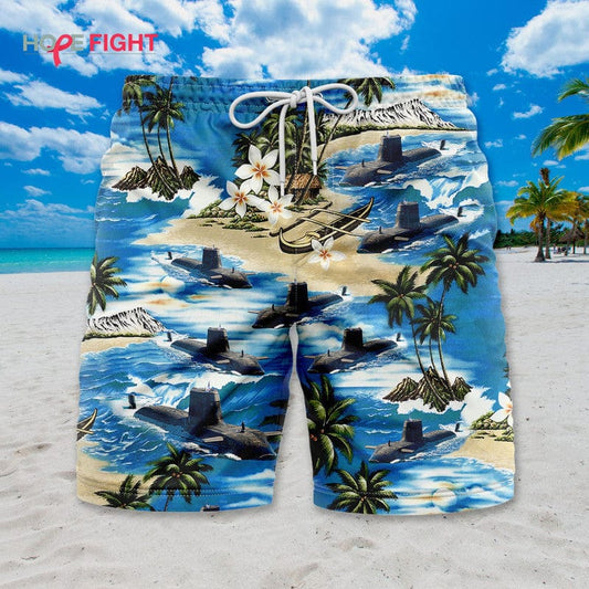 Submarine Swim Trunks, Navy Deep Sea & Tropical Island Design