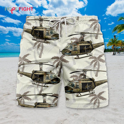 Military Helicopter Swim Trunks, UH-1 Huey & Tropical Camouflage Design
