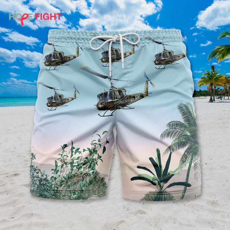 Military Helicopter Swim Trunks, UH-1 Huey & Tropical Jungle Design