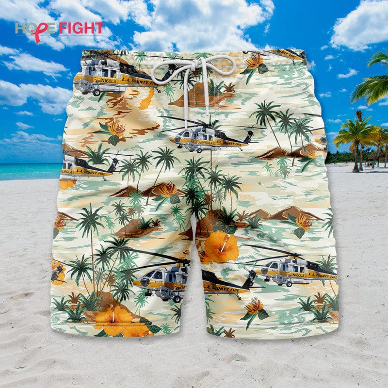 Rescue Helicopter Swim Trunks, LA County Fire & Tropical Island Desig