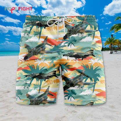 Tropical Fighter Jet Swim Trunks, Military Aircraft & Sunset Palm Print