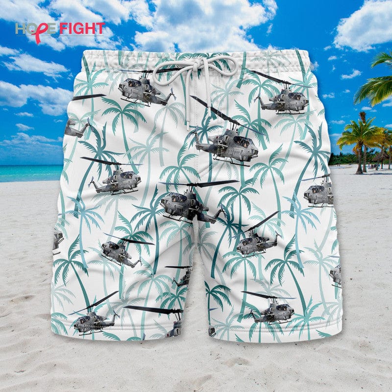 Military Helicopter Swim Trunks, AH-1Z Viper & Tropical Palm Design