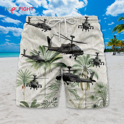 Military Helicopter Swim Trunks, Apache Attack & Jungle Camo Design