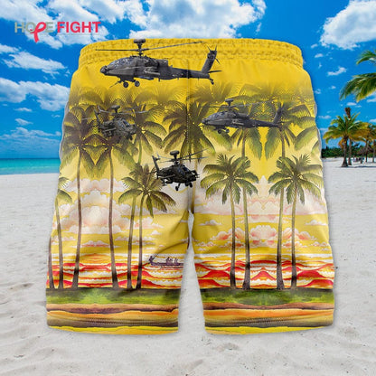 Military Helicopter Swim Trunks, Apache Attack & Golden Sunset Design