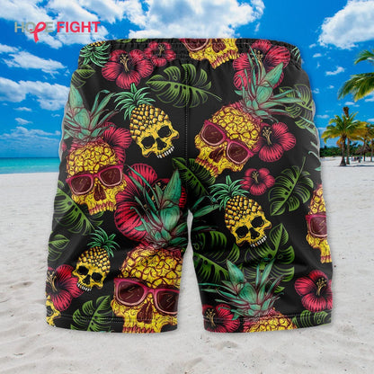 Pineapple Skull Swim Trunks, Tropical Gothic Beachwear for Men