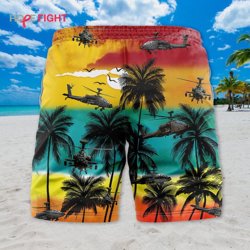 Military Helicopter Swim Trunks, Apache Sunset & Tropical Warfare Design
