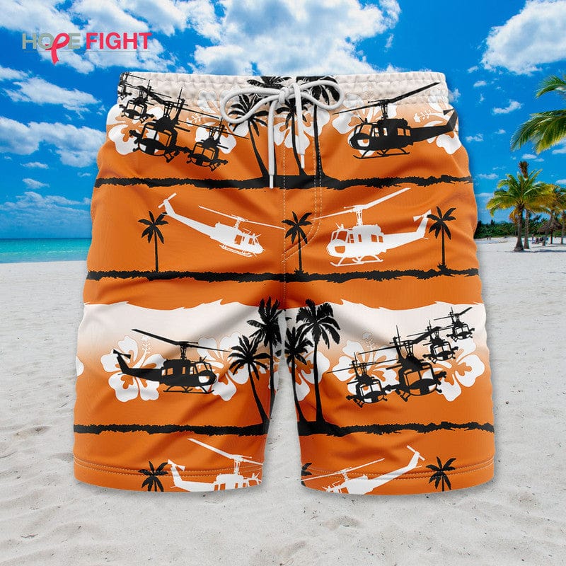 Military Helicopter Swim Trunks, UH-1 Huey & Sunset Tropical Design