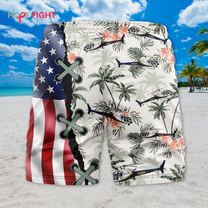 Military Helicopter Swim Trunks, American Flag & Tropical Aviation Design