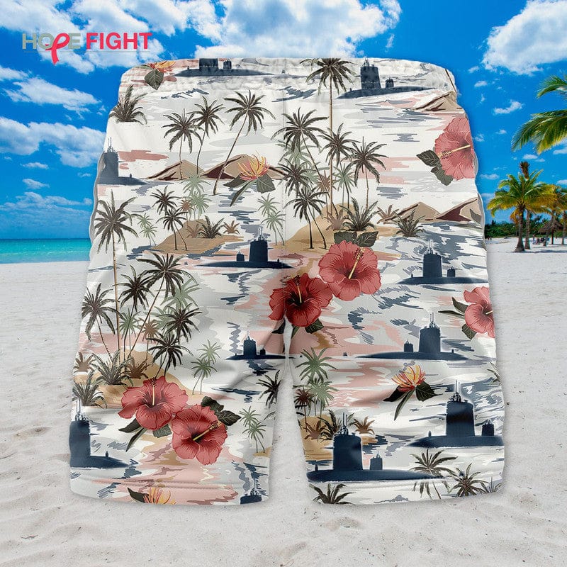 Submarine Swim Trunks, Vintage Navy & Tropical Hibiscus Design