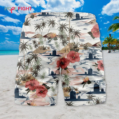 Submarine Swim Trunks, Vintage Navy & Tropical Hibiscus Design