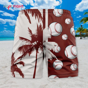 Tropical Baseball Swim Trunks, Vintage Ball & Palm Tree Print, Sporty Summer