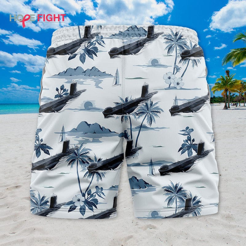 Submarine Swim Trunks, Monochrome Navy & Tropical Island Design