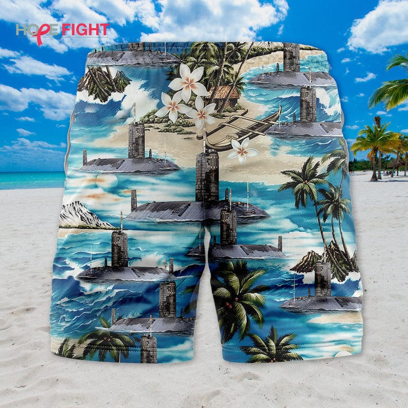 Submarine Swim Trunks, Deep Sea Navy & Tropical Beach Design