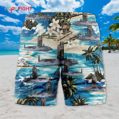 Submarine Swim Trunks, Deep Sea Navy & Tropical Beach Design