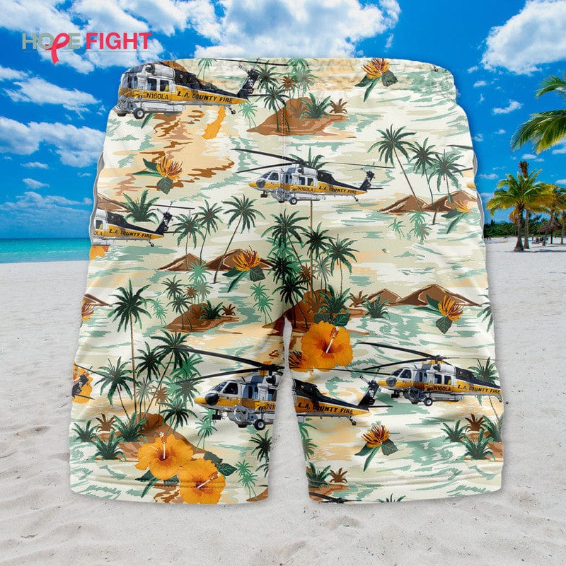 Rescue Helicopter Swim Trunks, LA County Fire & Tropical Island Desig