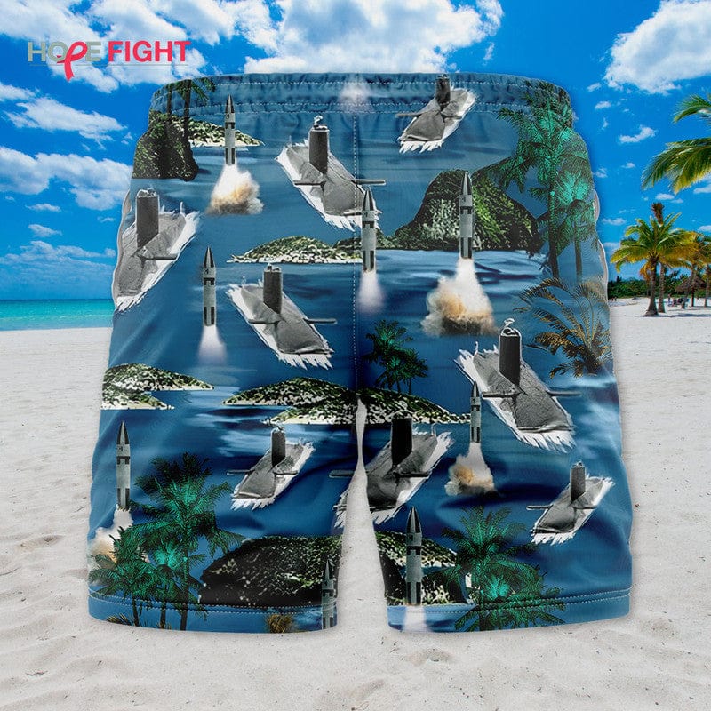 Submarine Swim Trunks, Missile Launch & Tropical Ocean Navy Theme