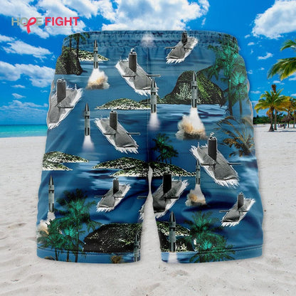 Submarine Swim Trunks, Missile Launch & Tropical Ocean Navy Theme