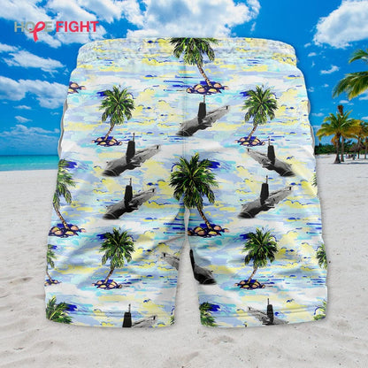 Submarine Swim Trunks, Deep Sea Navy & Tropical Palm Design
