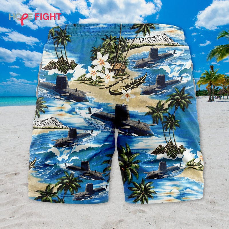 Submarine Swim Trunks, Navy Deep Sea & Tropical Island Design