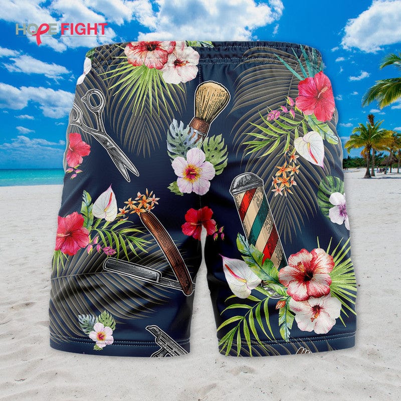 Tropical Barber Swim Trunks, Vintage Scissors & Razor Print, Floral Design