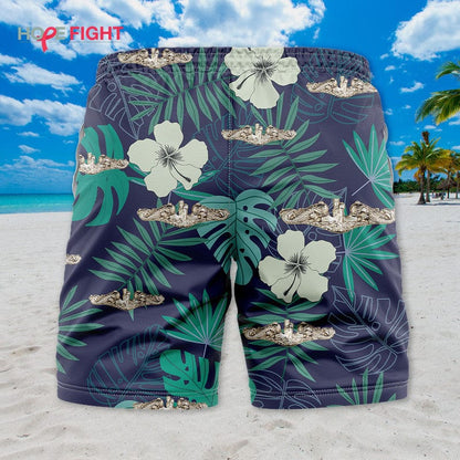 Submarine Swim Trunks, Floral Tropical Navy Warship Design