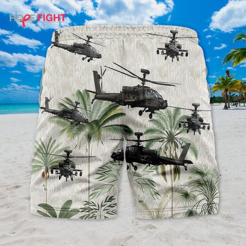 Military Helicopter Swim Trunks, Apache Attack & Jungle Camo Design