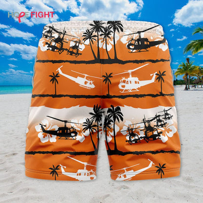 Military Helicopter Swim Trunks, UH-1 Huey & Sunset Tropical Design