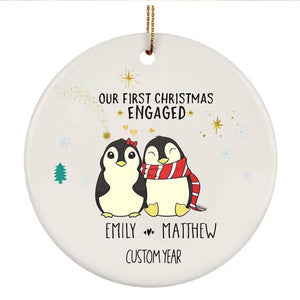 Adorno de compromiso de pingüino personalizado, nuestro primer adorno de compromiso navideño